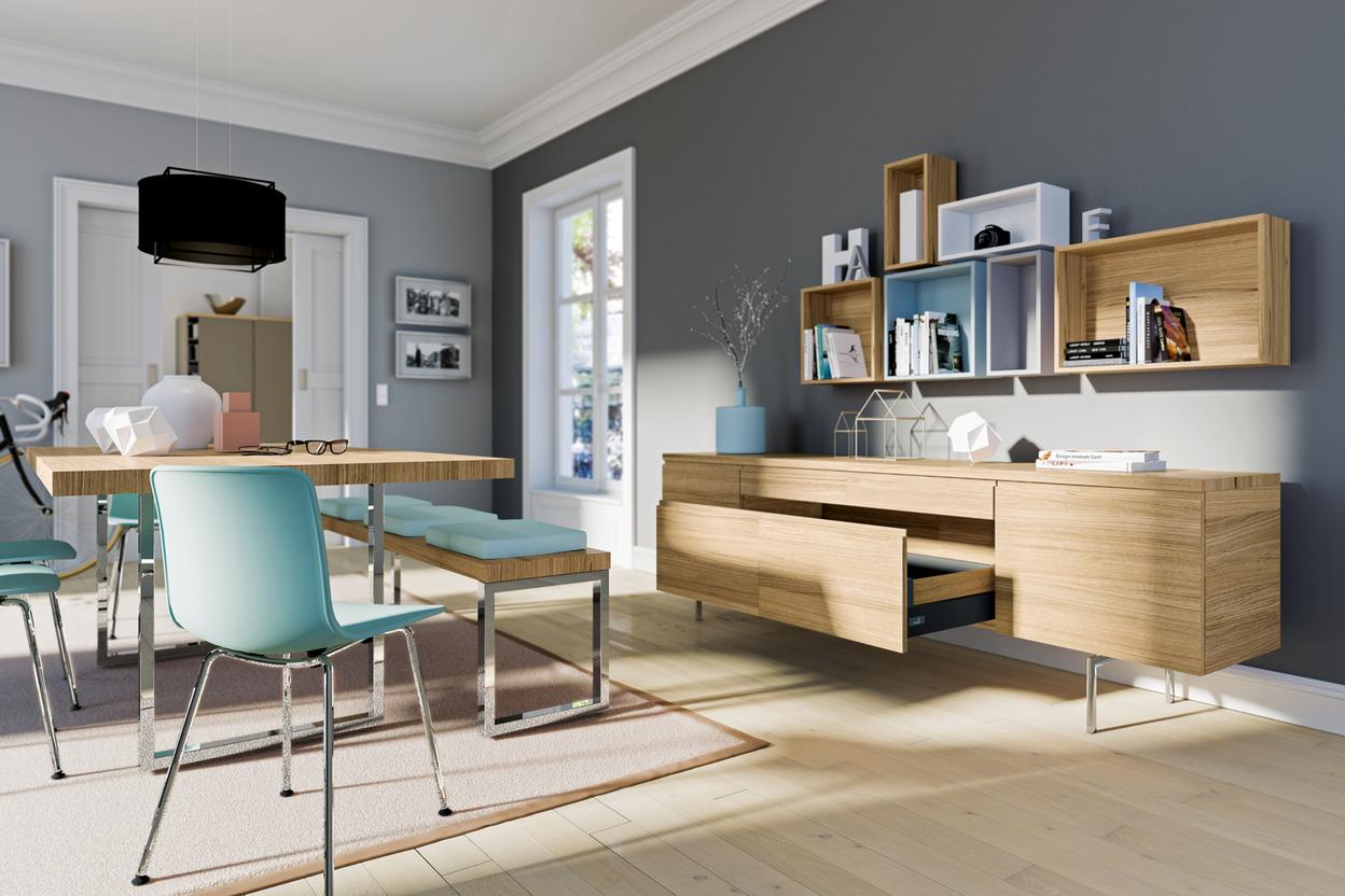 Esszimmerimpression in Holz-Türkis-Kombination Esszimmerimpression in Holz-Türkis-Kombination, Sideboard und Sitzbank mit akzentuierter grauer Wandgestaltung